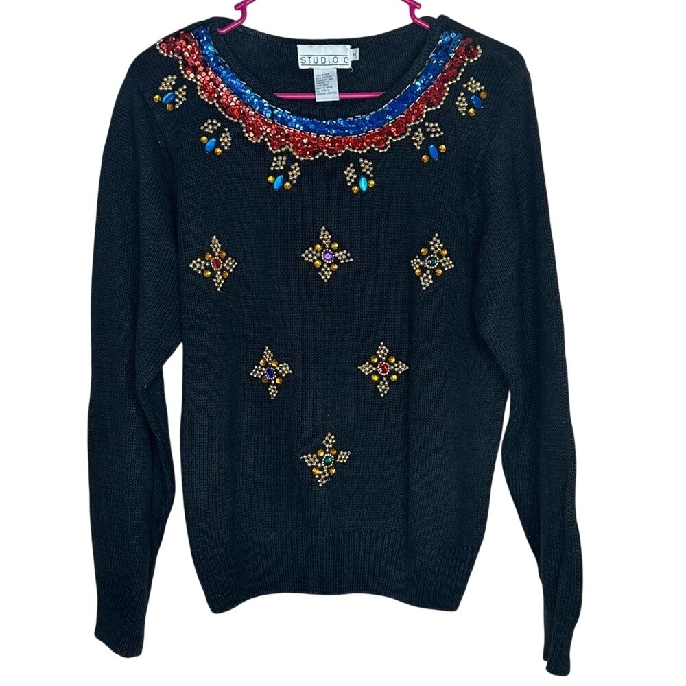 Studio C Vintage Black Embellished Sequin Jewel‎ Sweater Women's M Ramie Blend